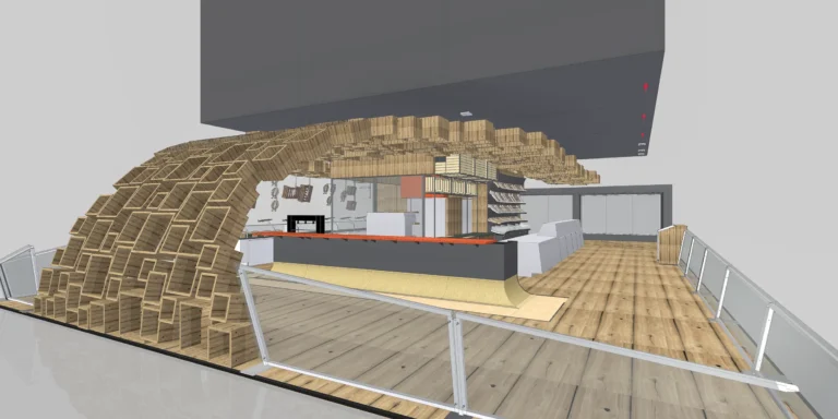 Messestand mit Verkaufstheke und runder Decke bis zum Boden